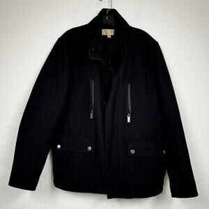 Michael Kors Black Wool Blend Coat Mens L Classic Warm Winter Preppy Zip Pockets